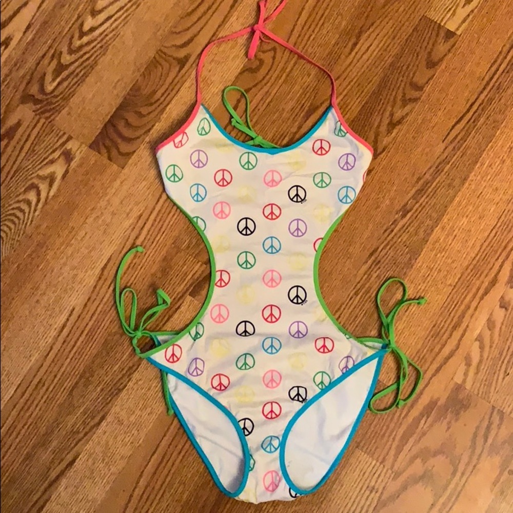 PINK One Piece Peace-sign Bathing Suit
